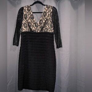 Adrianna Papell Black and Beige Lace Bodice Banded Sheath Dress , size 14